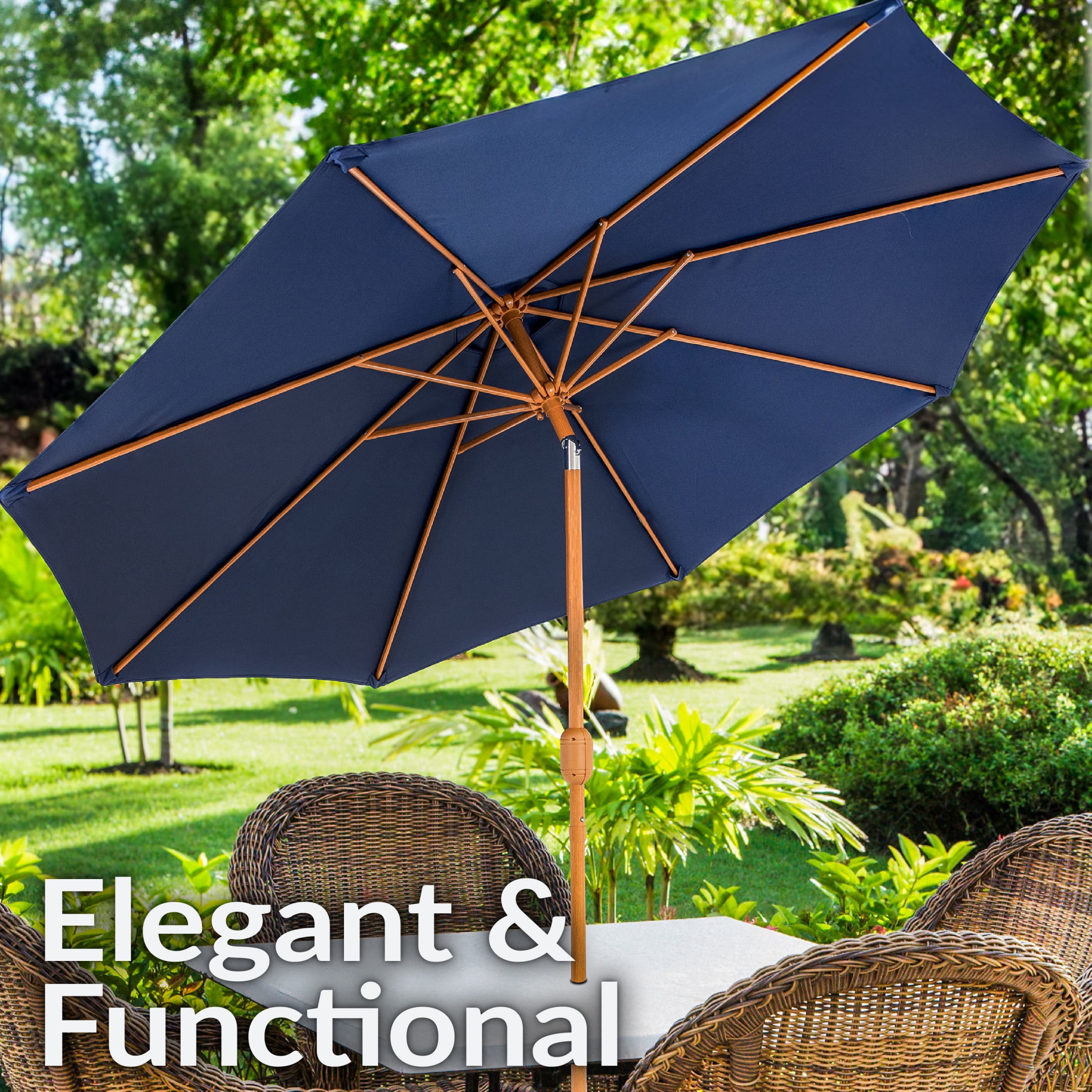 Sunnydaze 8.5 ft Outdoor Patio Umbrella with Push Button Tilt and Crank - Faux Woodgrain Finish - Large Vented Market Umbrella - Navy Blue