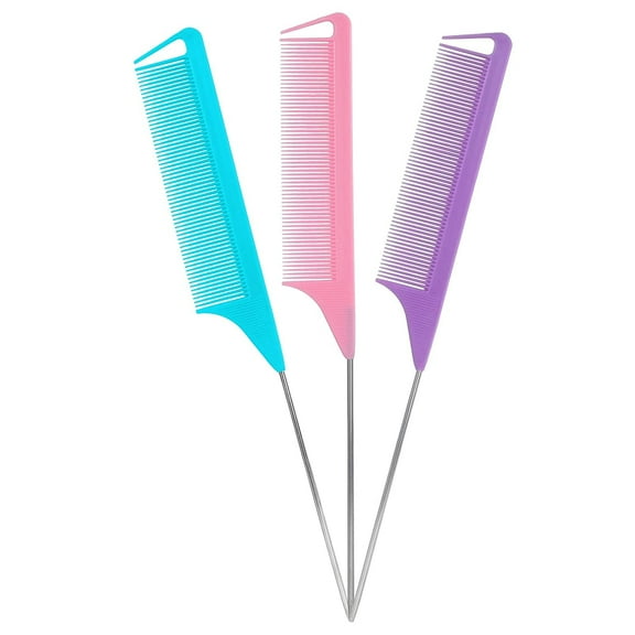 Rat Tail Combs Hair Combs: 3Pack Parting Comb,Fine Tooth Comb,Tail Comb,Metal Long Steel Pin Rat Tail Comb,Combs for Women，Professional Hair Salon Quality Styling Combs(Blue|Purple|Pink）