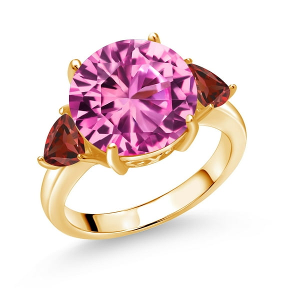 Gem Stone King 18K Yellow Gold Plated Silver Pink Created Sapphire and Red Garnet 3-Stone Ring for Women (8.88 Cttw, Round 12MM, Trillion 5MM, Size 7)