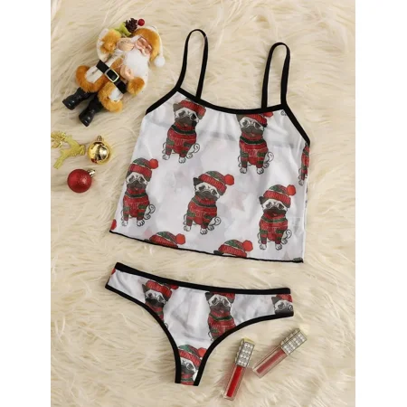 

Women‘s Sleepwear Christmas Dogge Print Pattern Mesh Cami Tops & Panty Pajama Set