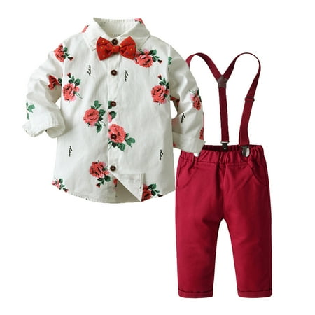 

JDEFEG Toddler Outfits for Boys Toddler Boy Clothes Baby Boy Clothes Baby Floral Shirt Suspender Pants Set Outfit Toddler Boy Fall Clothes Red 90