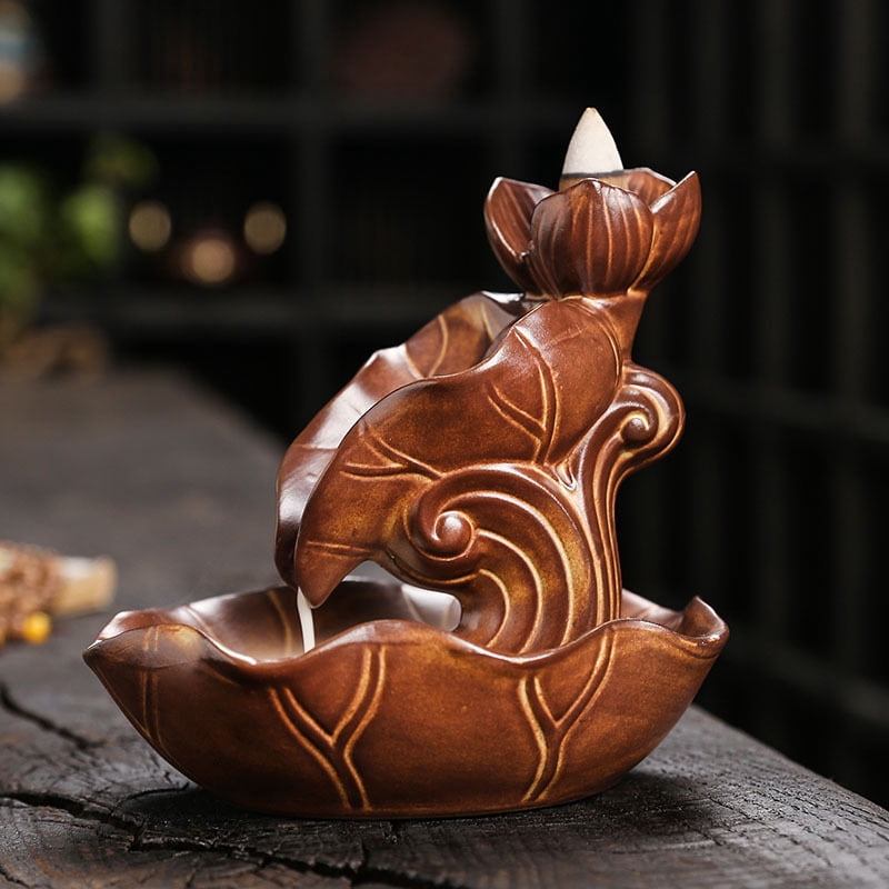 Ceramic Lotus Backflow Incense Burner Indoor Waterfall Smoke Incense Holder Creative Retro Lotus Leaf Incense Burner Aromatherapy Ornament