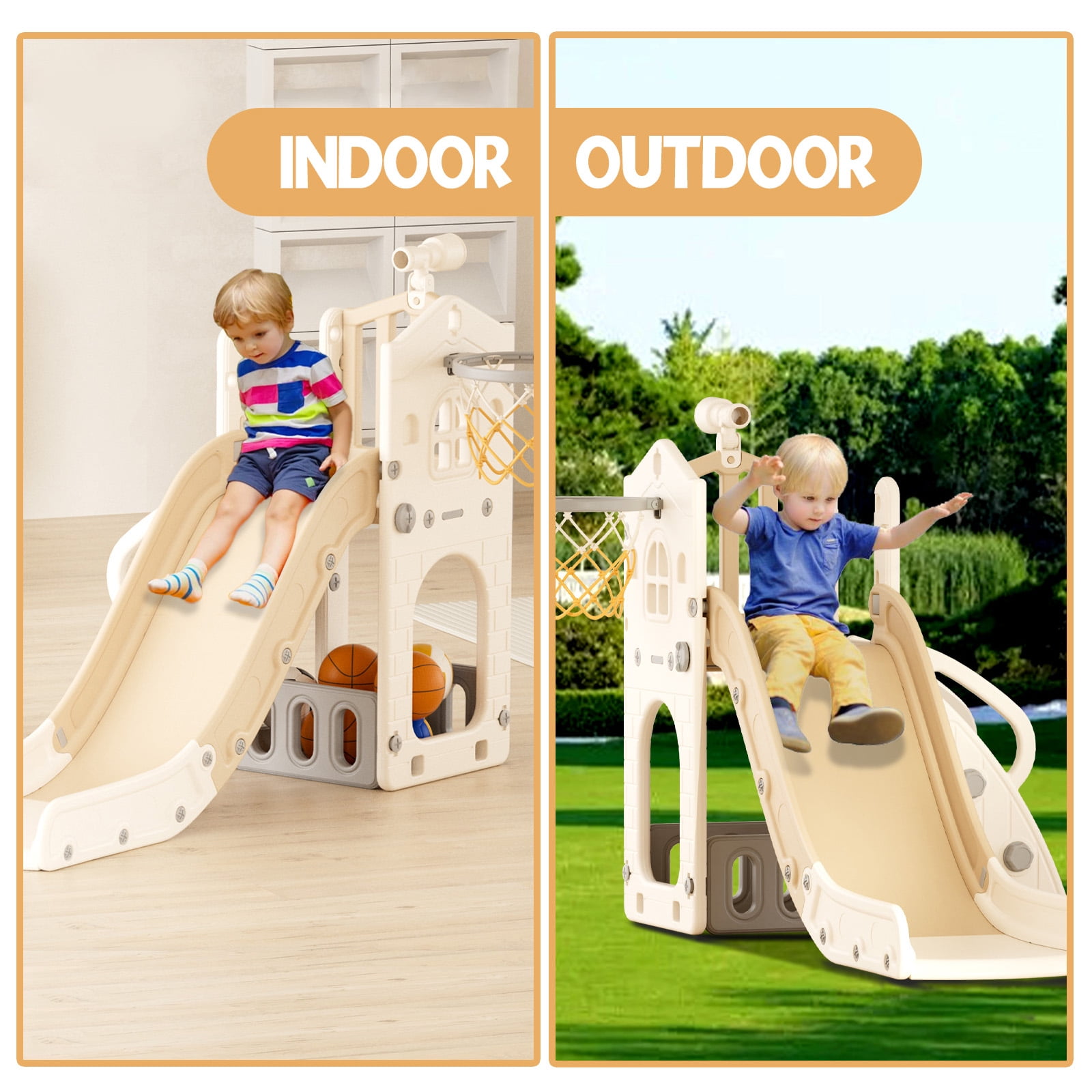 XJD 5 in 1 Toddler Slide, Kids Climber Slide with Basketball Hoop and Ball, Indoor Outdoor Playset for Toddlers Age 1-4 (Coffee)