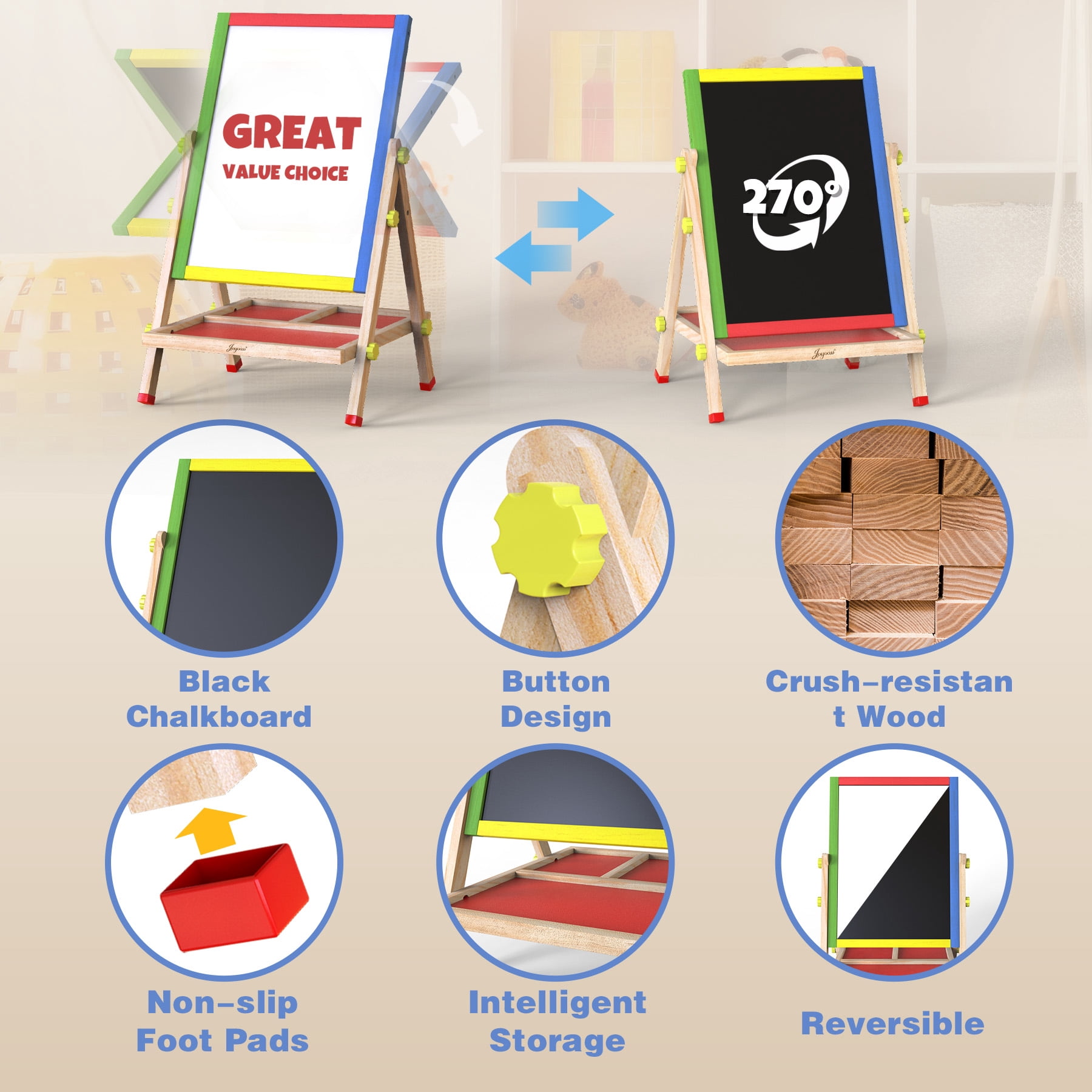 JOYOOSS 3-in-1 Kids Easel with Chalkboard & Whiteboard, Wooden Toddler Art Easel for Ages 4-12, Adjustable Magnetic Drawing Board with Markers & Eraser 105-Natural