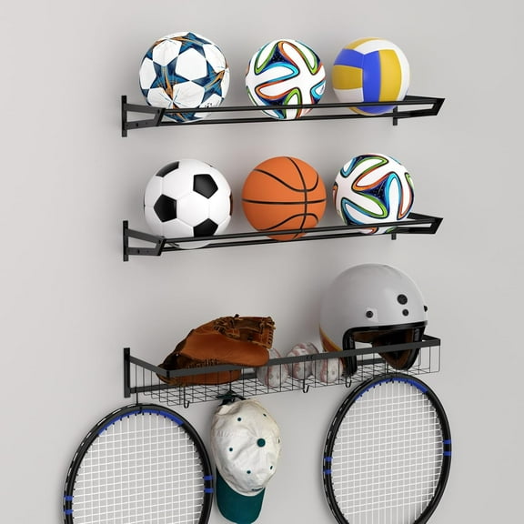 Wall Mounted Ball Storage Rack, Heavy-Duty Metal Sports Equipment Organizer with Adjustable Shelves & Hooks for Garage, Basement, Kids Room