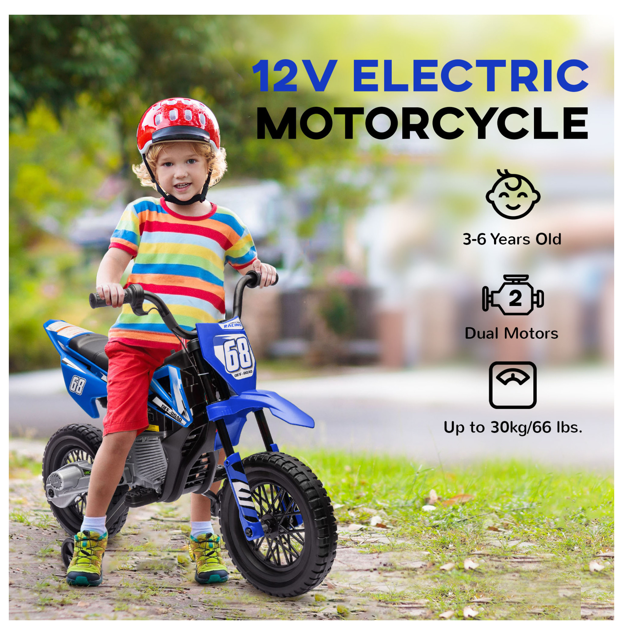 Qaba Kids Dirt Bike with Twist Grip Throttle, 12V Electric Motorcycle, Electric Bike for Toddler with Training Wheels, Rear Suspension & Music, Blue