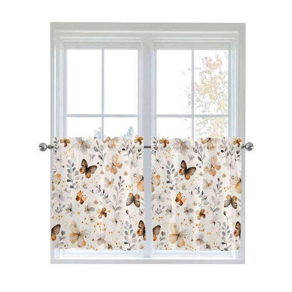 Half Window Curtain 36 Inches Long, Retro Spring Floral Window Treatment Curtain Drapes, Brown Butterfly Botanical Small Tier Curtains for Bathroom Over Sink, 27.5"x36", 2 Panels