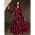 thumbnail image 4 of Multicolor Jacquard Round Neck Long Sleeve Waist-Gathered A-Line Midi Dress For Women, 4 of 6