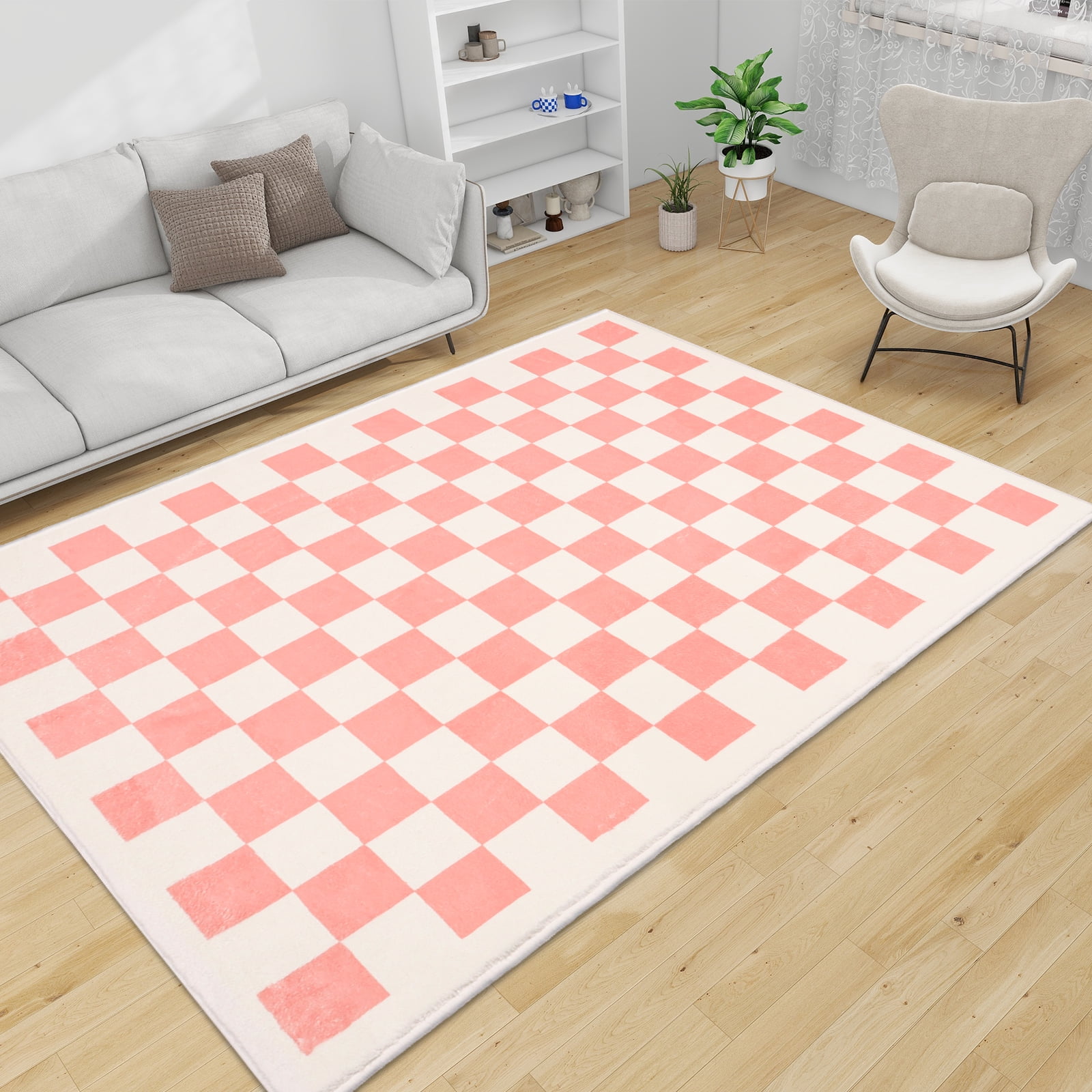 Area Rugs for Bedroom Living Room, 3' x 5' Checkered Rug Retro Checkerboard Moroccan Rug Lightweight Outdoor Washable Carpet Rustic Decor for Living Room Bedroom Kitchen Patio(Pink/White)