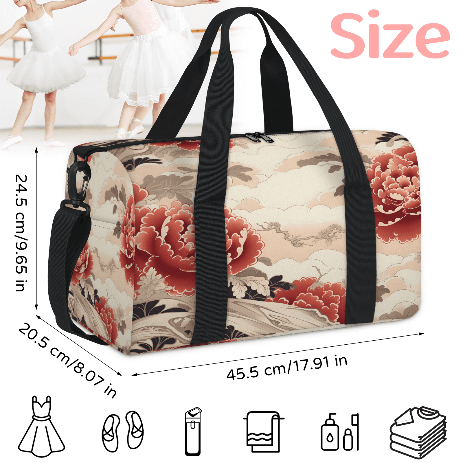 Herdesigns Vintage Flower Japanese Gym Bag for Women, Duffle Bag for Travel Sport, Lightweight Waterproof Carry on Weekender Overnight Dance Yoga Workout Bags