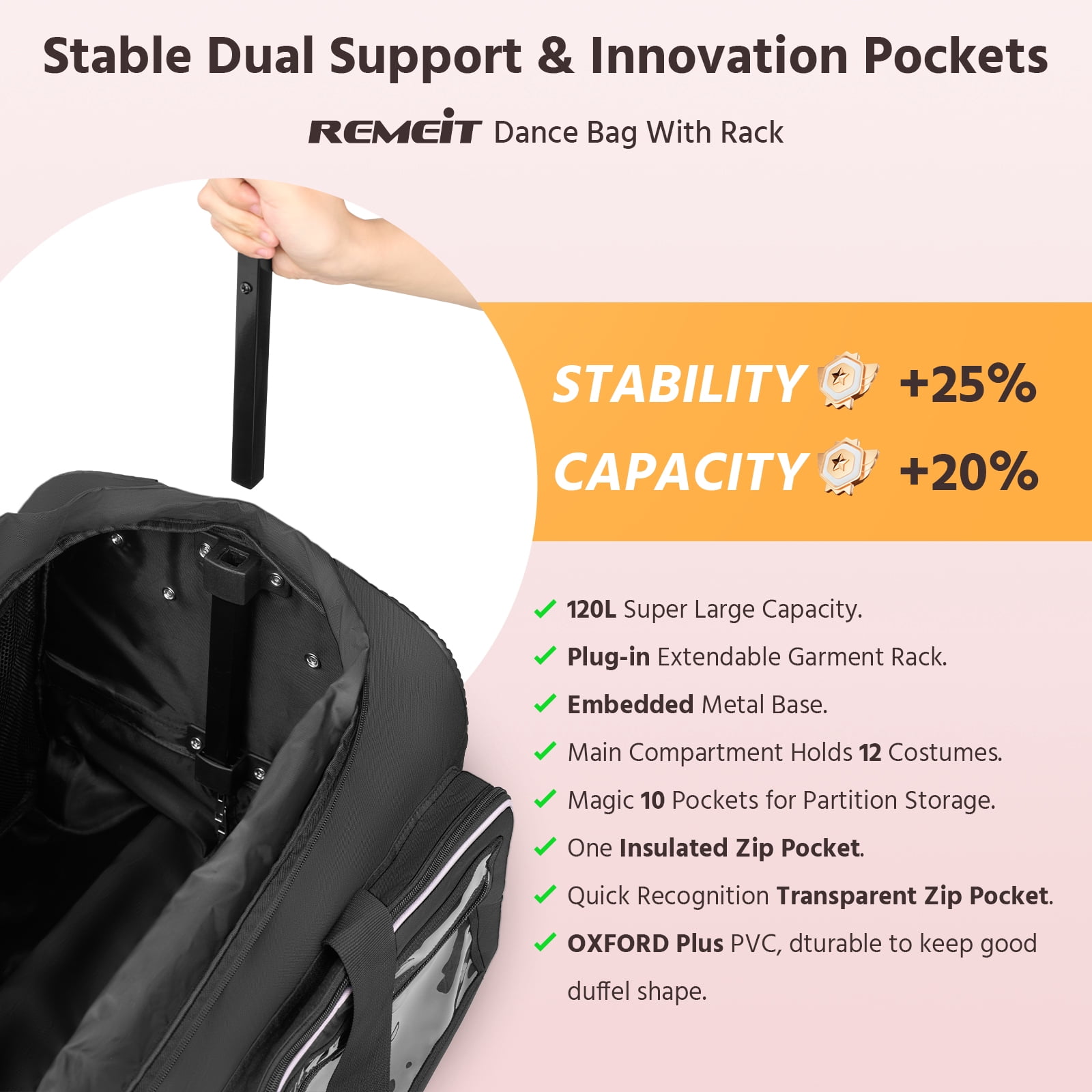Dance Bag with Garment Rack, 28" Dance Costumes Rolling Garment Bags For Travel, Garment Duffle Bag For Dance Competition Travel Bag with Garment Rack (Black with Light Purple Trim)