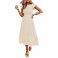 thumbnail image 3 of Robe Midi d'Été Décontractée à Manches Courtes Col Rond Taille Élastique Smockée à Volants pour Femmes, 3 of 4