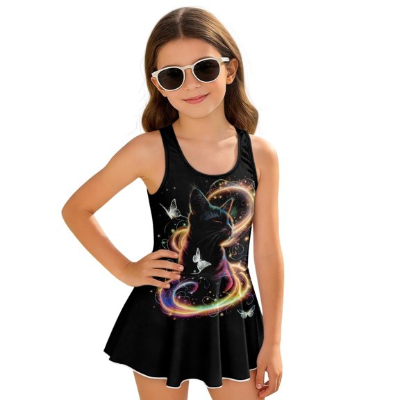 Uourmeti Girls' One Piece Skirted Swimsuit - Magical Glowing Black Cat & Butterfly Print | Quick Dry, Soft Stretch Swim Dress for Beach & Pool