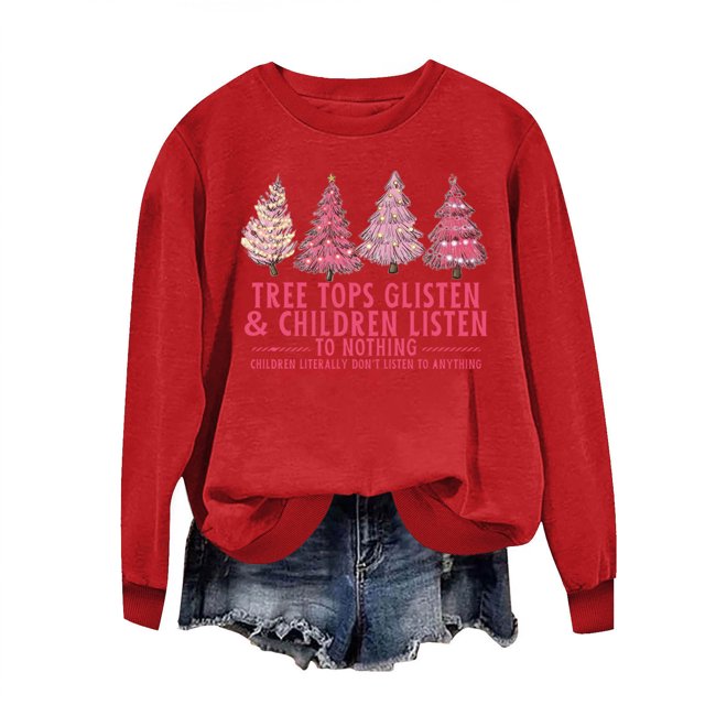 Penkiiy Chandails en Molleton de Noël pour Femmes, T-Shirts Graphiques Arbre de Noël, Chandail à Manches Longues, Rouge