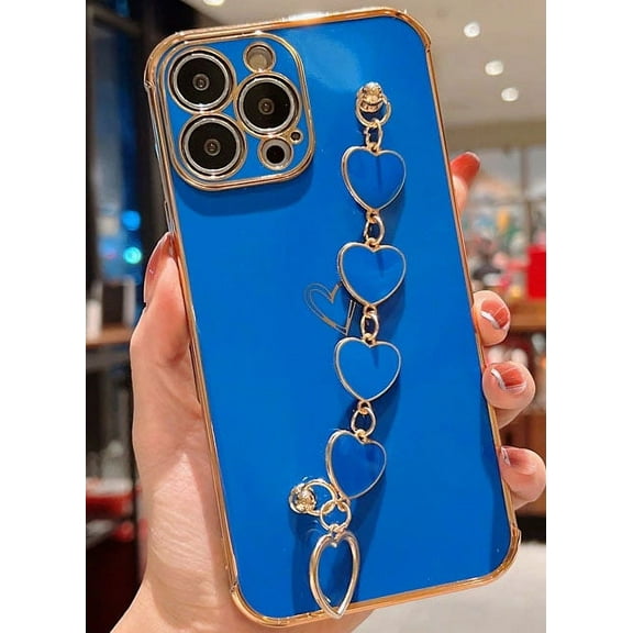 Women Elegant Love Heart Wrist Chain iPhone 14 Case-Girls Soft Silicone Bracelet Cover iPhone 14 Cases Girls With Free Gift The Blue Color Case