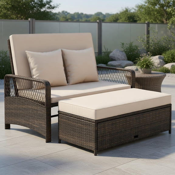 Topcobe Patio Adjustable Wicker Daybed with 4-Level Backrest and Soft Cushions, Modern Outdoor Furniture for Patio Backyard, Garden-Beige