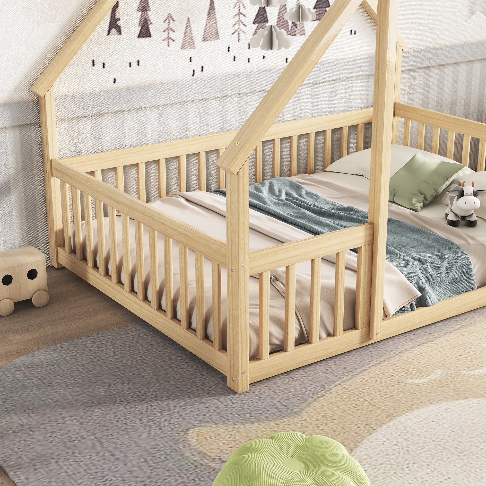 Bellemave Full Size Floor Bed Frame, Wooden House Bed Full Size with Fence, Montessori Bed with Guardrails for Bedroom(Natural)