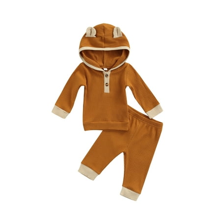

Listenwind 0-18M 2Pcs Newborn Boys Girls Rib Knitted Outfits Color Block Long Sleeve Ear Hooded Sweatshirt + Trousers