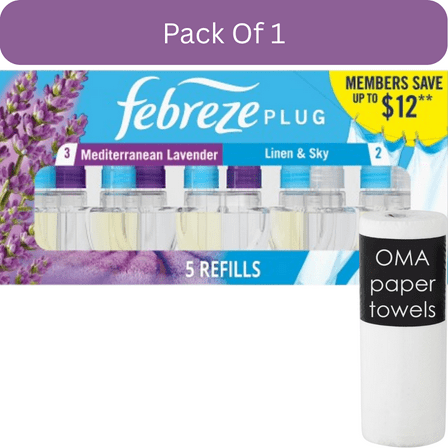 Febreze Plug Air Freshener Refills – Mediterranean Lavender   Linen & Sky (5-pack, 4.35 fl oz)- With Paper Towel By OMA