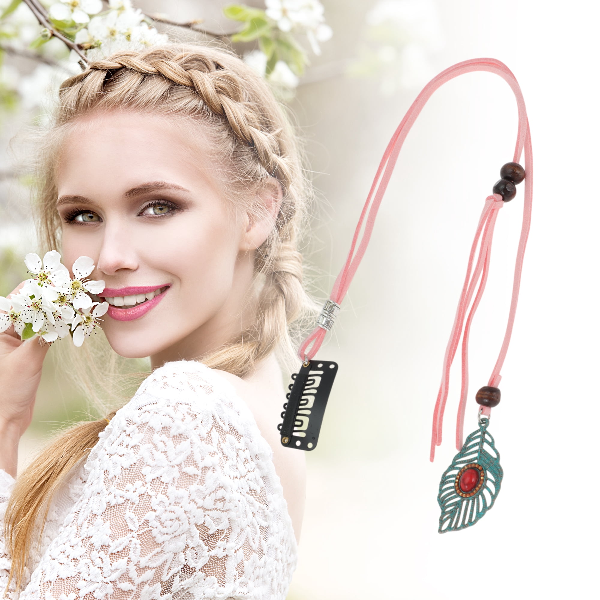 Unique Bargains Elegant Leaf Braided Hair Chain 1Pc Stylish Accessory Pink 11.81"