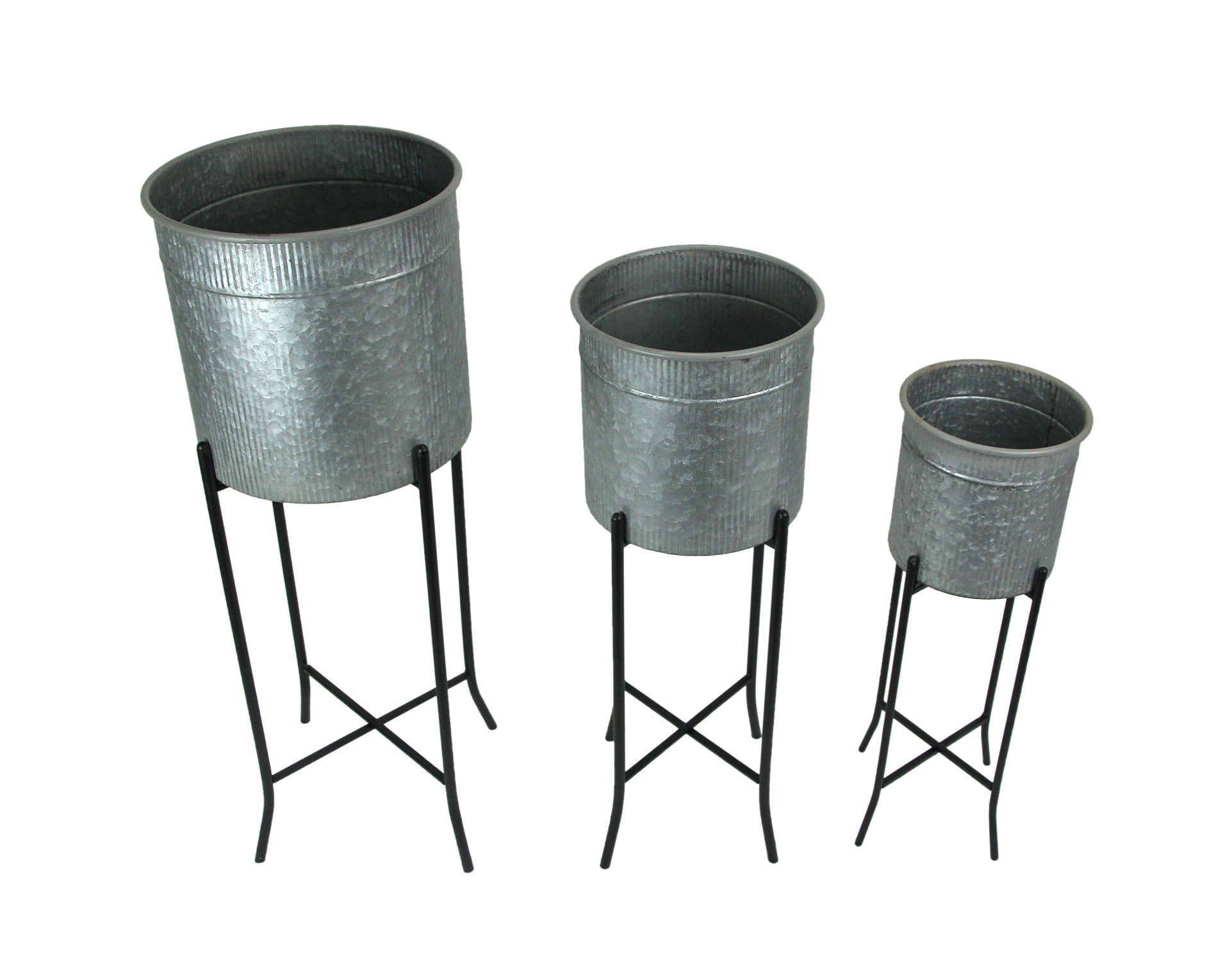 Set of 3 Galvanized Metal Round Tub Decorative Planters On Stands