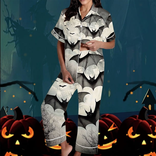 Pijama de manga corta con cuello vuelto para mujer, con bolsillos y estampado de Halloween, cintura elástica, de poliéster