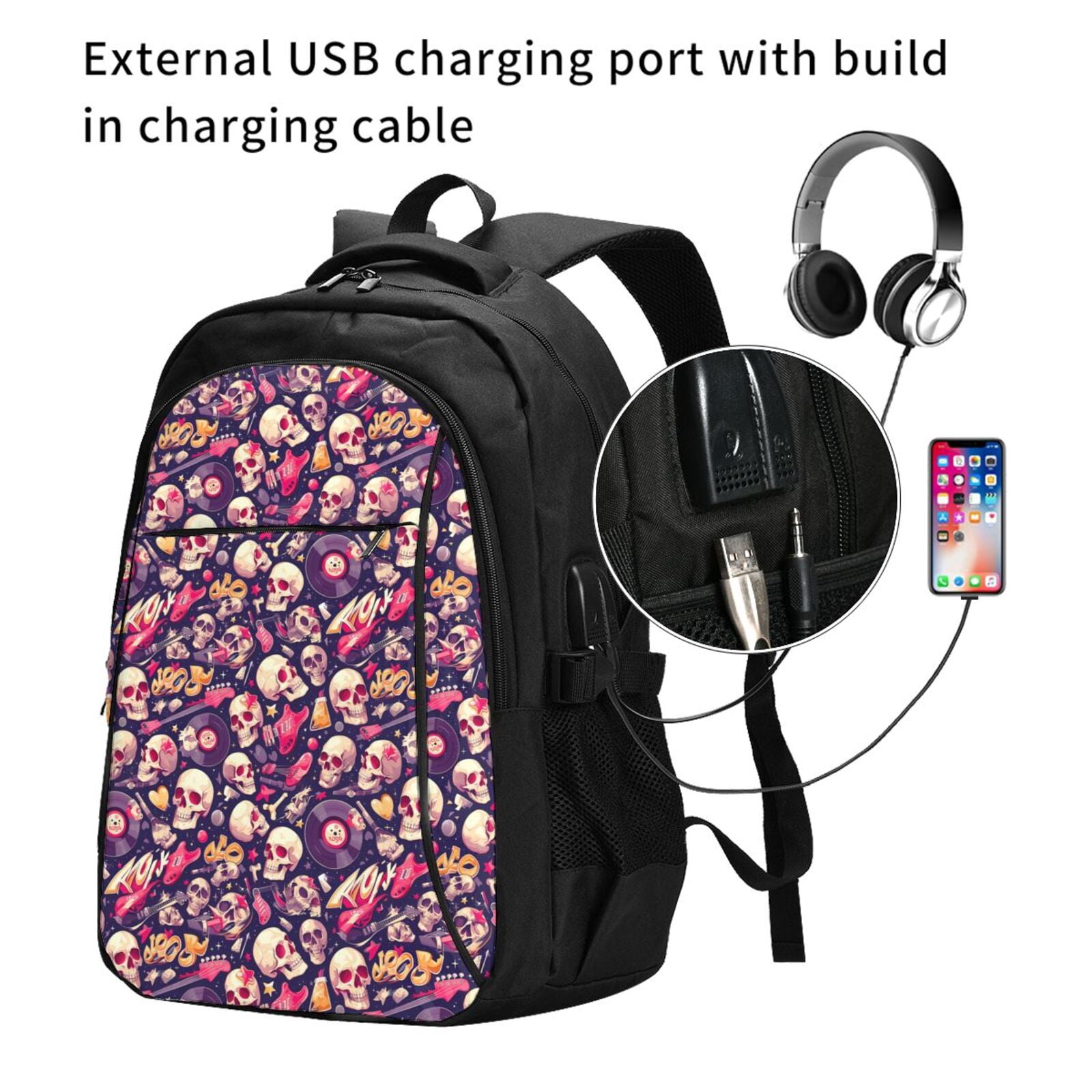 Vsdgher music Skull record Guitar Print Travel Laptop Backpack, Laptops Backpack with USB Charging Port, Water Resistant Computer Bag Gift for Men & Women
