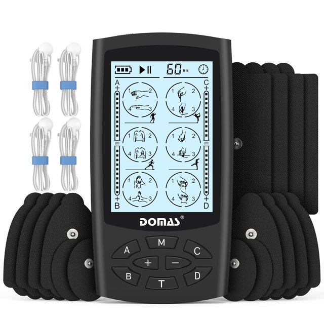 Estimulador muscular EMS DOMAS con 4 salidas y 24 modos de masaje electrónico de pulso, máquina TENS para aliviar el dolor con 16 almohadillas de electrodos TENS.