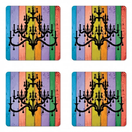 

Vintage Coaster Set of 4 Silhouette of an Old Victorian Chandelier on Colorful Rustic Wooden Planks Image Square Hardboard Gloss Coasters Standard Size Multicolor by Ambesonne
