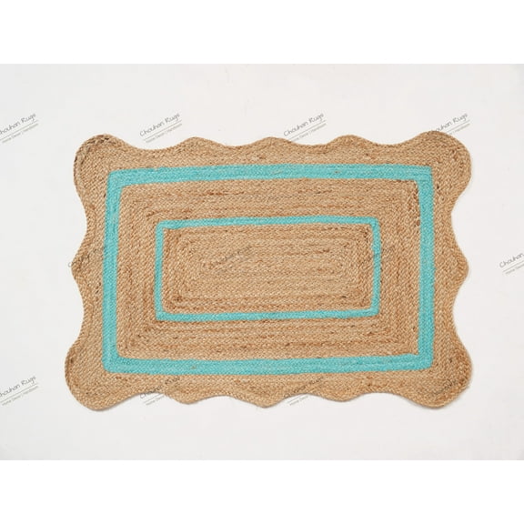 Rectangle Rug Area Rug Natural Fiber Jute Hand Braided Rug Cyan Color Scalloped Pattern Eco Friendly Rug