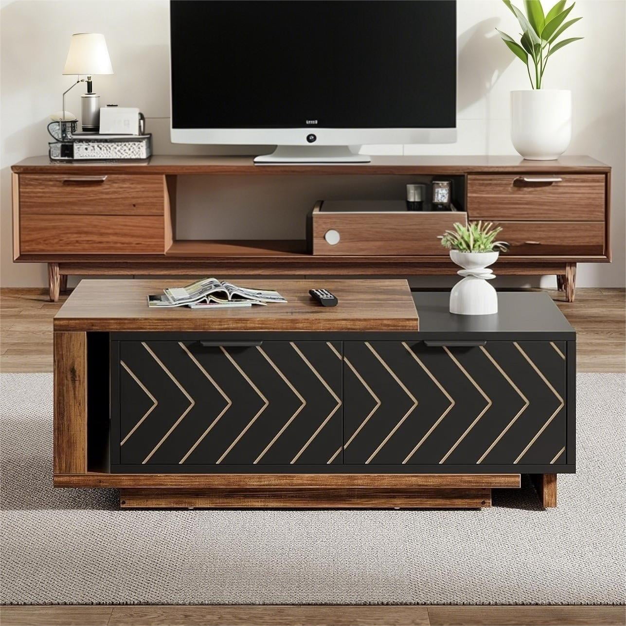 Fnova Modern Extendable Coffee Table with 2 Drawers, 42"-65" Expandable Wood Coffee Table for Living Room, Brown and Black