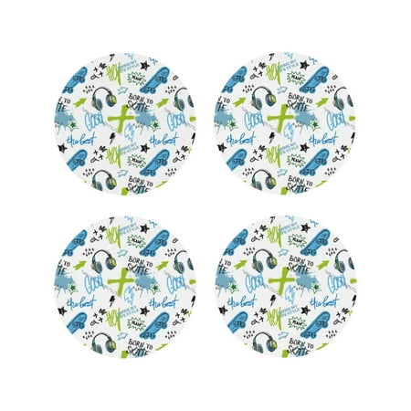 

Leather Coasters Set of 4 - Modern Skateboard Headphones Lightweight Non-Slip Drink Coasters for Desk Anti-Scalding Desk Cup Coasters for Office Table Decor Round Shape