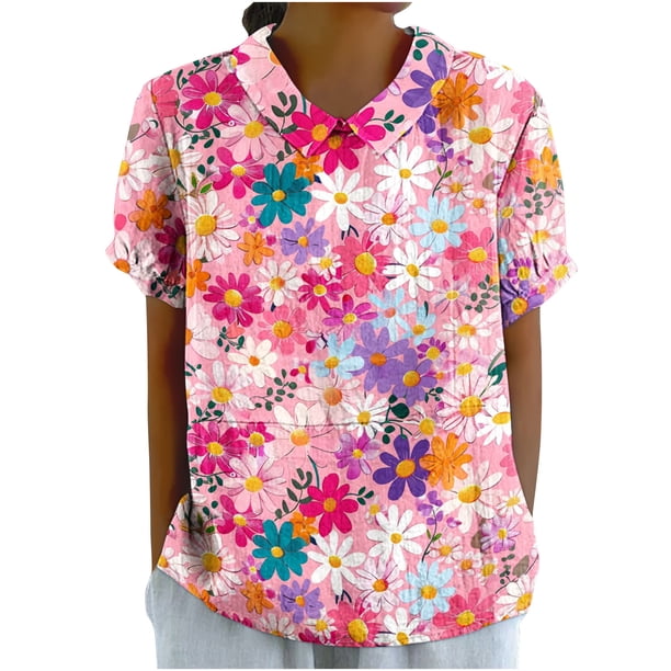 Blusas de Manga Corta para las Mujeres Cuello de Muñeca Lindo Lino Algodón, Impreso Suelto Camiseta para el Uso Casual, Diario Y de Verano