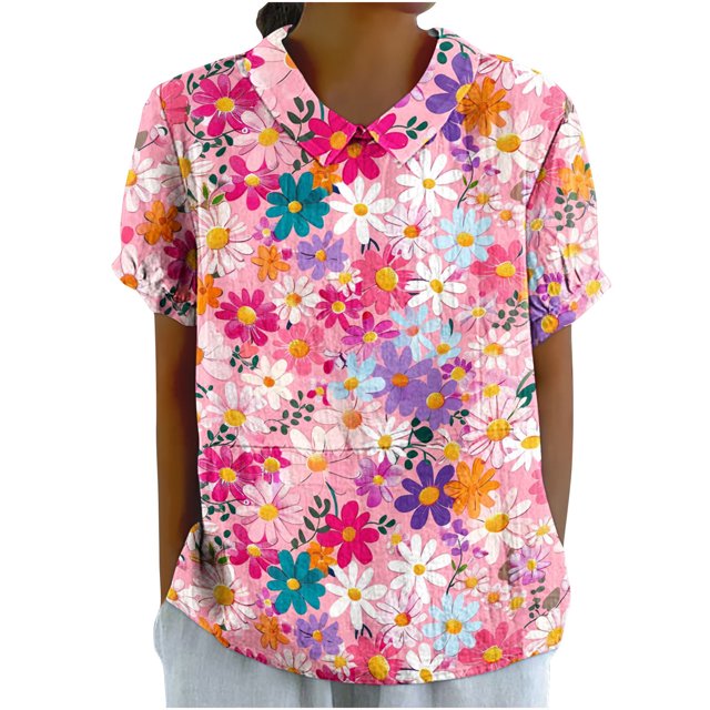 Blusas de Manga Corta para las Mujeres Cuello de Muñeca Lindo Lino Algodón, Impreso Suelto Camiseta para el Uso Casual, Diario Y de Verano