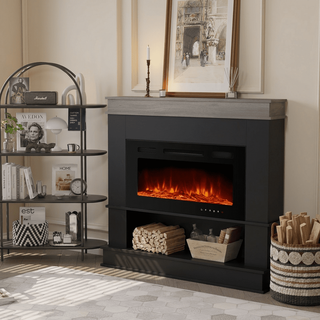 Maxhonor Electric Fireplace with Mantel, 3D Dynamic Flame, 750W/1500W Dual Heating, Whisper-Quiet, Open Storage, Touch & Remote Control
