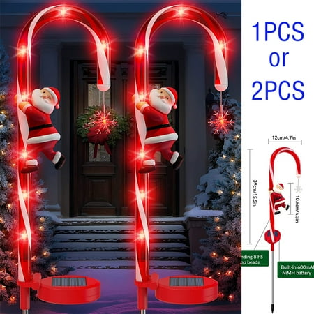 

Solar Christmas Decorating Candy cane light Solar Christmas aisle marker light Snowflake and Santa s outdoor decorating post Constant and flash mode 8 LED lights for garden yard lawn 2PCS