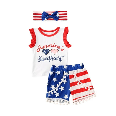 

Infant Baby Girl 4th of July Outfits Ruffle Letter Print Tank Top Striped Print Shorts Bows Headband Clothes Set