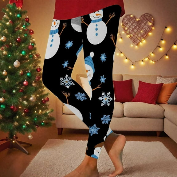 AGWOLF Cute Christmas Print Leggings for Women Soft Tummy Control Yoga Pants Funny Snowman Graphic Holiday Tights for Running Cycling