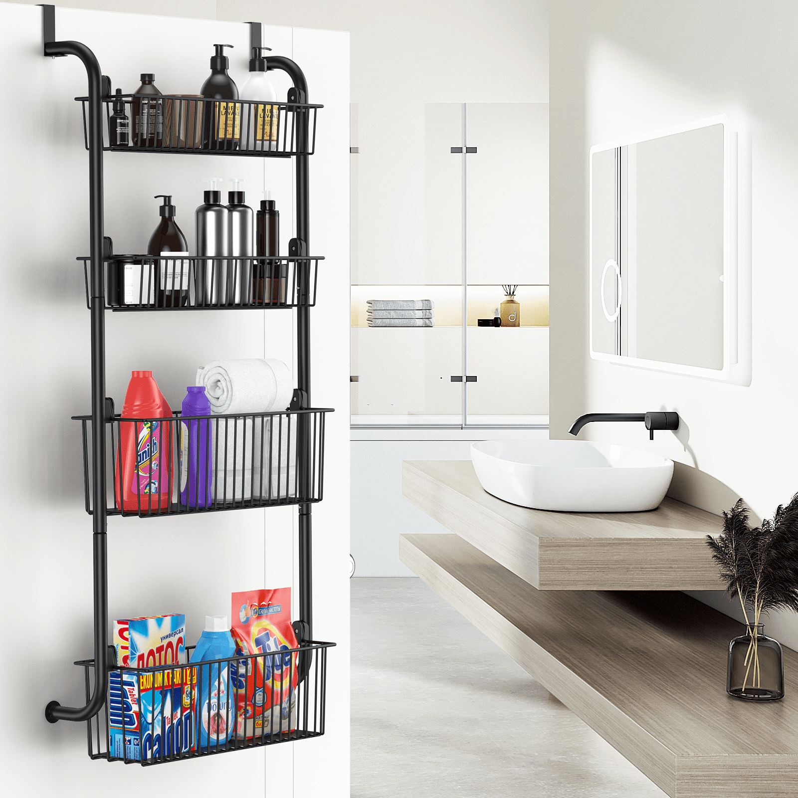 VAVSEA  Over the Door Pantry Organizer, Spice Racks, 4 Tier Pantry Door Organizer with 2 Mug Holders, Heavy-duty Metal Over the Door Organizer, Kitchen Pantry Metal Spice Rack Storage, Black