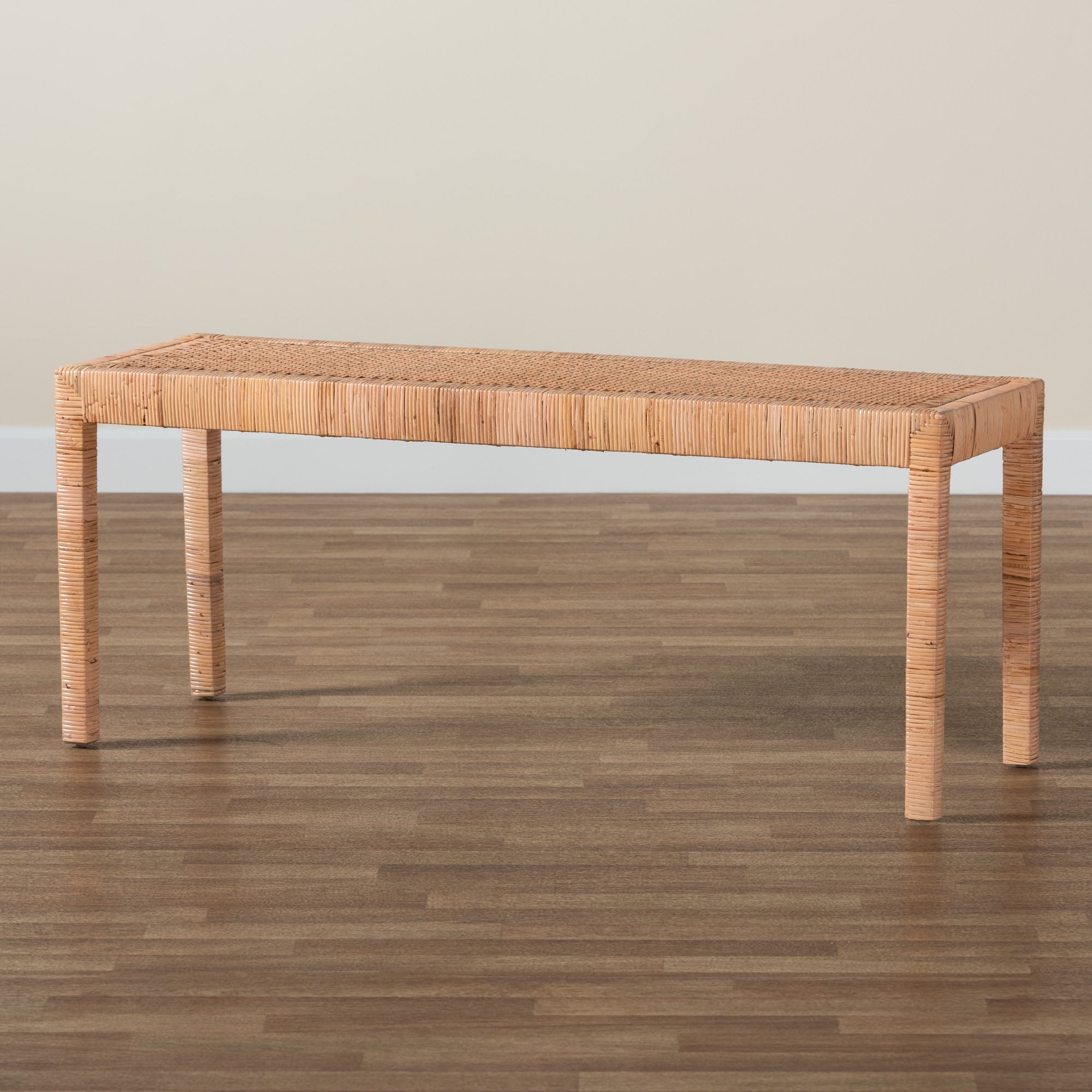 bali & pari Abelia Modern Bohemian Natural Rattan and Mahogany Wood Long Accent Bench