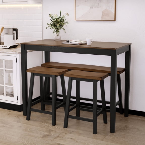 Counter Height Bar Table Set with Bar Stool and Bench, 4-Piece Wood Dining Table Set for Small Space, Walnut & Black