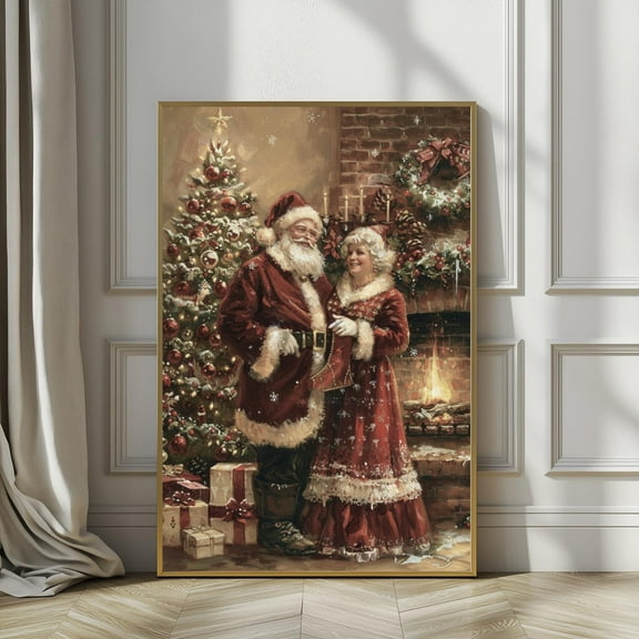 Vintage Christmas Print Wall Art, Santa and Mrs Claus Cozy Holiday Decor, Vintage Christmas Couple Art, Festive Santa Love Print Gift, 32x48 UNFRAMED