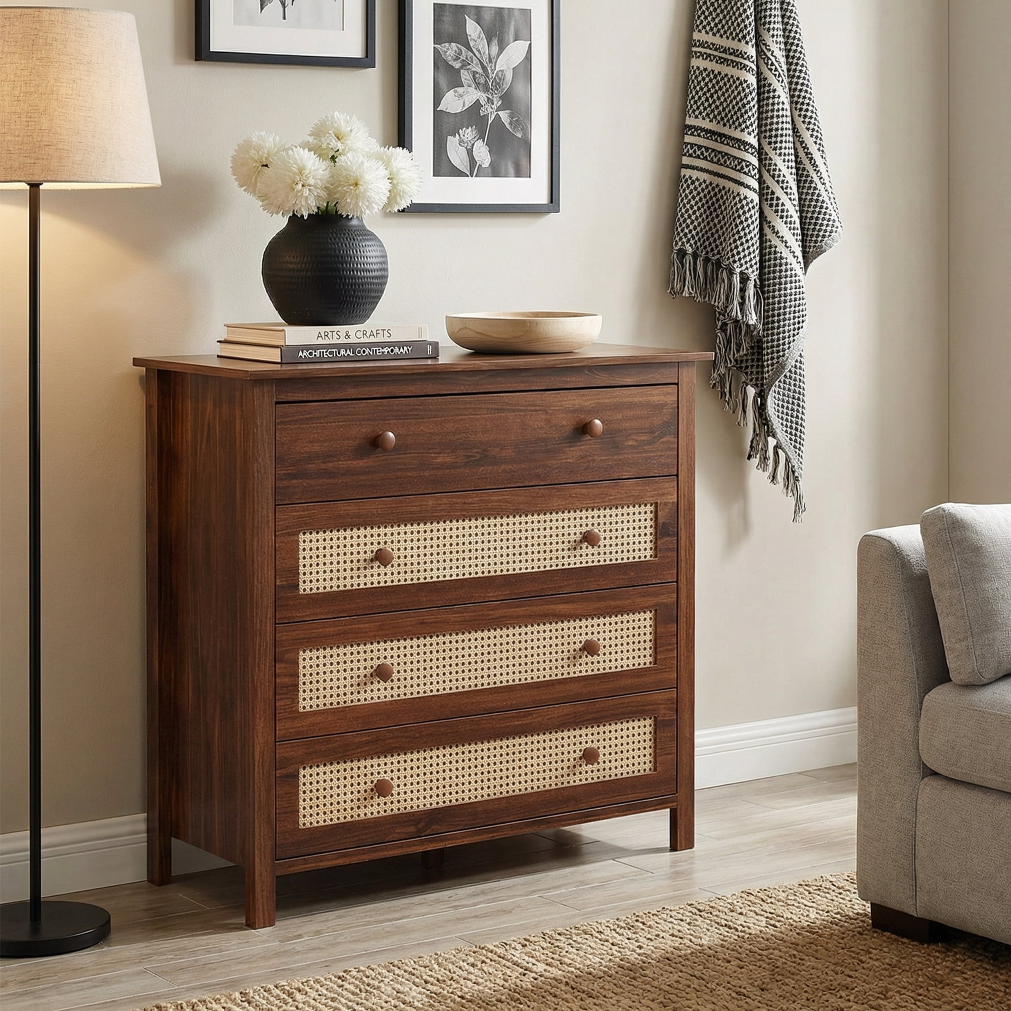 MAYEERTY 4-Drawer Sideboard Buffet Cabinet - Modern Console Cabinet for Living Room & Kitchen, Walnut