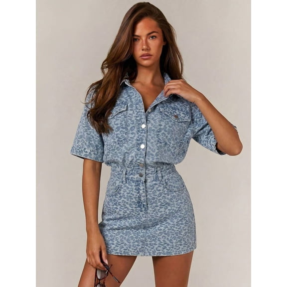 Women Light Wash Leopard Print Short Sleeve Collared Denim Shirt Dress