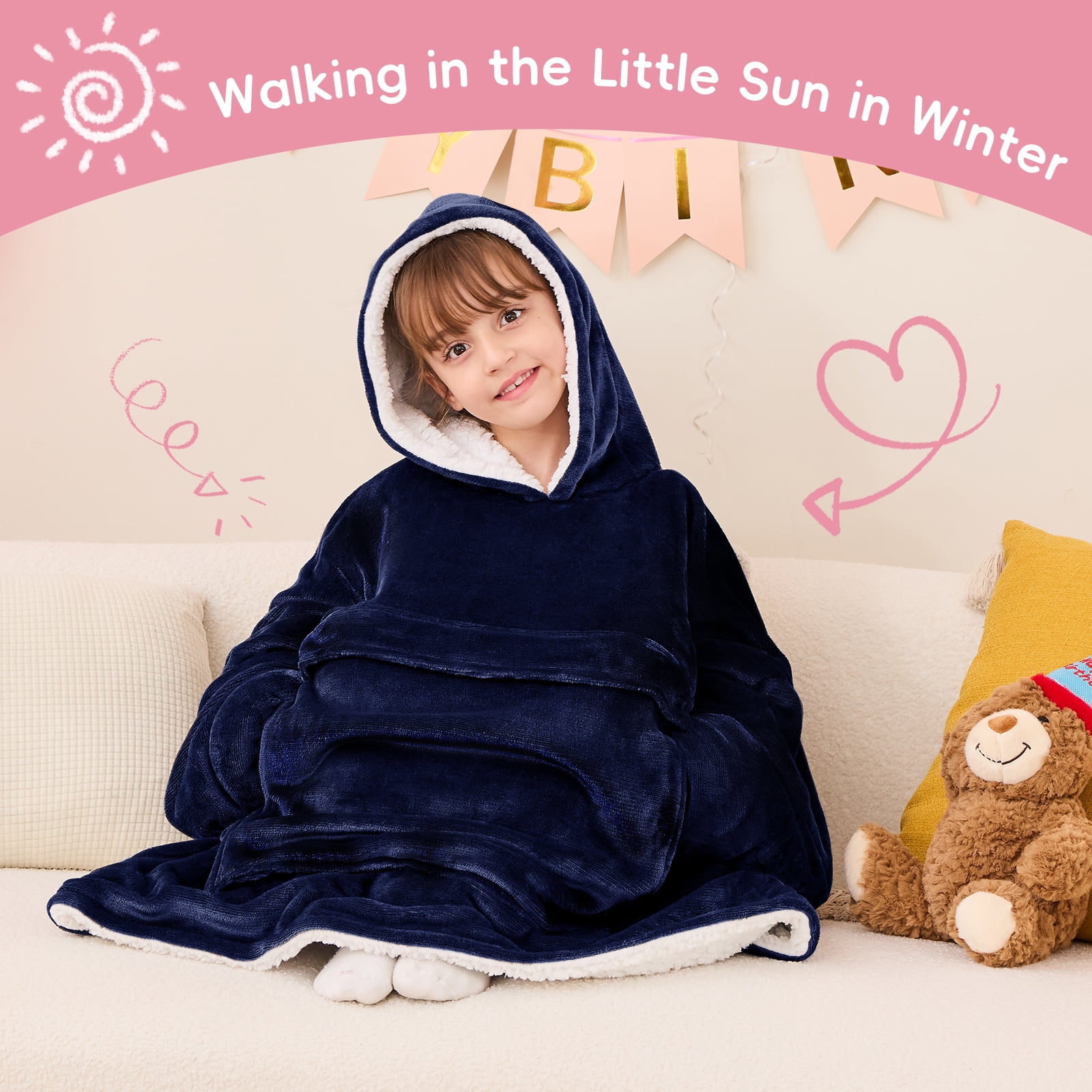PMONPA Wearable Blanket Hoodie for Kids, Soft Double Layer Sherpa Fleece Sweatshirt,Teen Gifts for Kids, Youth, Boys, Girls, One Size, Blue