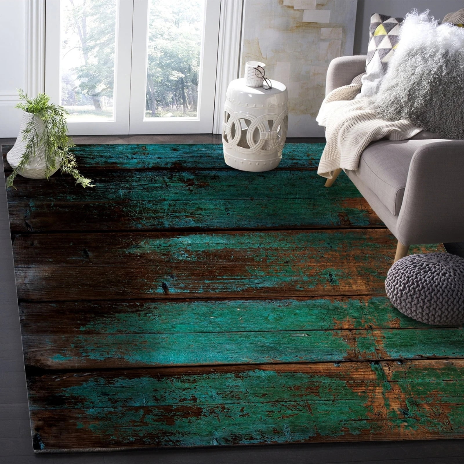 Vintage Farm Wood Grain Forest Green Carpet Area Rug For Kids Room