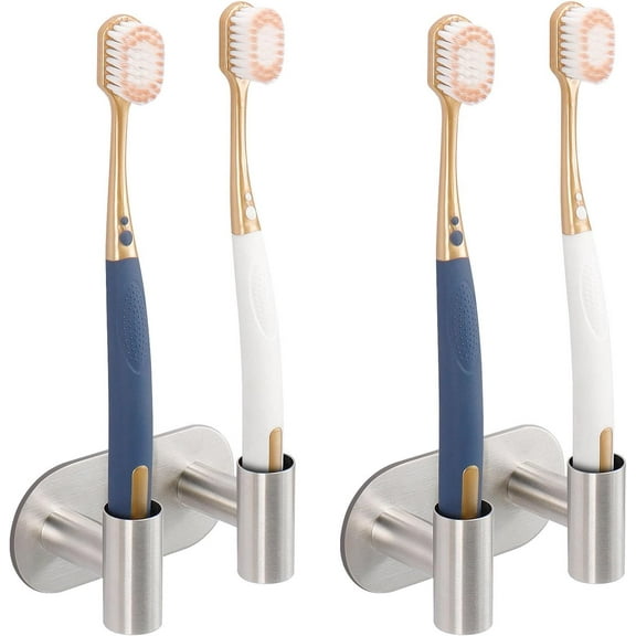 Adhesive Toothbrush Holders for Bathroom, 2 pcs Wall Mounted Stainless Steel Toothbrush Storage Organizer, Keep Countertop Clean and Tidy, Ventilated Design (Brushed Nickel)