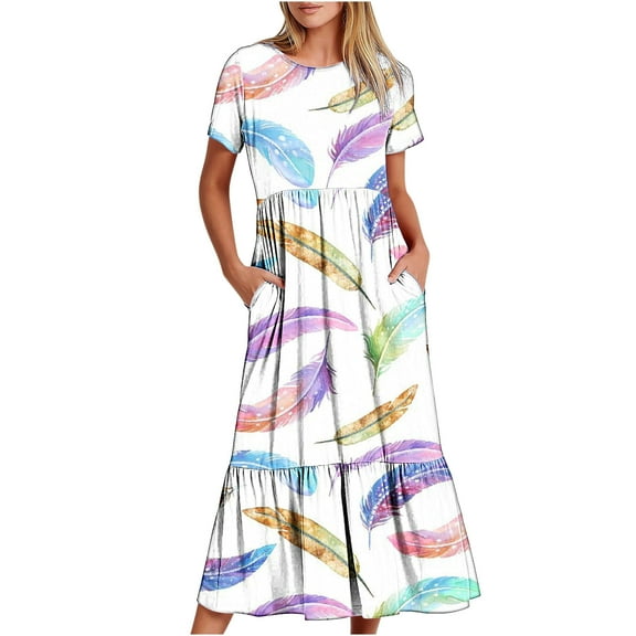 Penkiiy Women's Summer Casual Short Sleeve Crewneck Dress Casual Flowy Tiered Maxi Beach Dress With Pockets Feather Print Dress XL White
