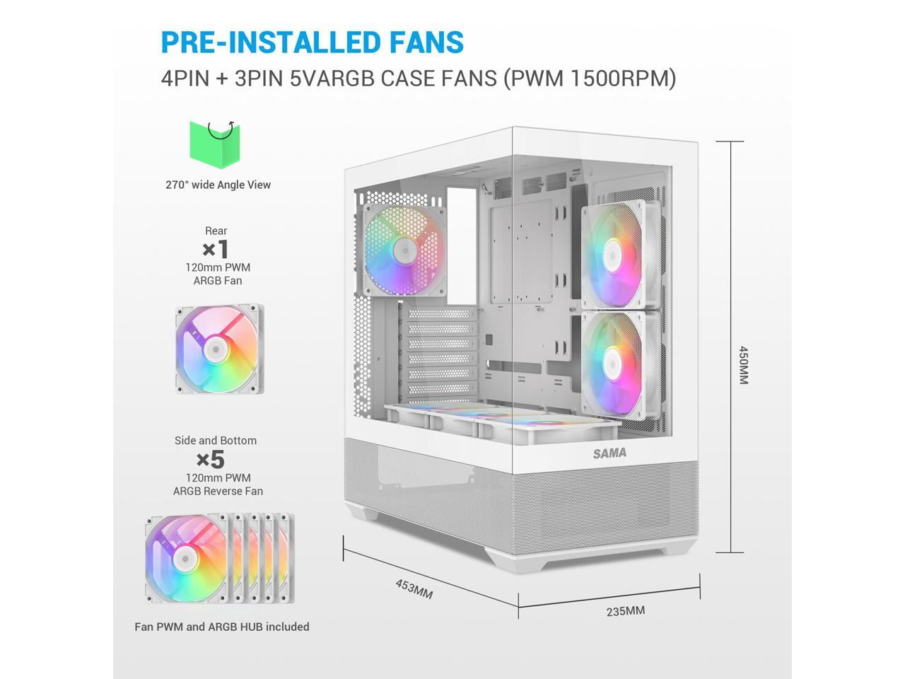 SAMA V40 White ATX Mid Tower PC Case, 6 Pre-Installed 120mm ARGB PWM Fans, Dual Tempered Glass Panels, Vertical Airflow Design, Gaming Computer Case for ATX/Micro-ATX/ITX Motherboard