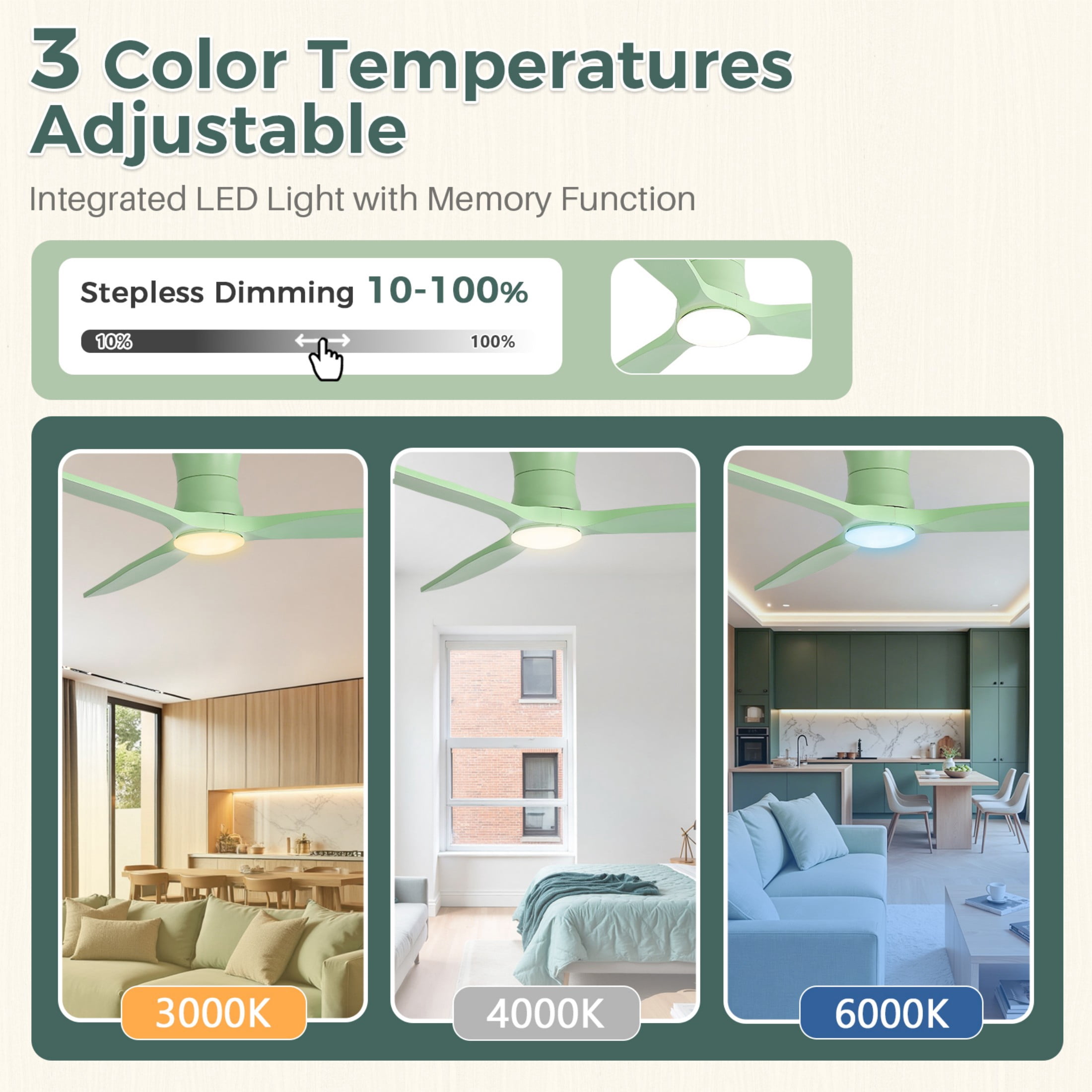 Sofucor 52 Inch Flush Mount Ceiling Fan with Light, Soft Green Finish, 3 Solid Wood Blades, 18W Dimmable 3-Color LED with Memory, 6-Speed Reversible DC Motor, Remote Control, Low Profile Ceiling Fan